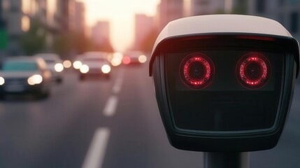 Closeup of a traffic camera capturing vehicles, with digital recognition technology identifying vehicle types and license plates