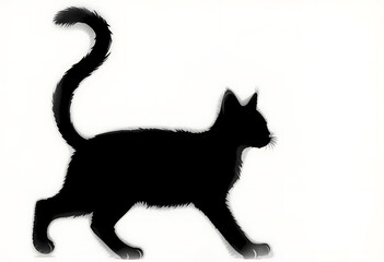 Silhouette of Black Cat with Curled Tail in Walking Pose on Gray Background