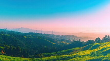 Scenic view of multiple wind turbines on a green hill under a clear blue sky, serene and peaceful, clean energy concept, minimalistic and inviting