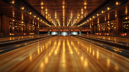 Elegant bowling alley with polished wooden lanes and glowing lights, inviting leisure activity