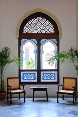 Ornate window in a tranquil hotel lobby