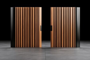 Fototapeta premium Modern wooden doors with vertical slats and sleek black handles