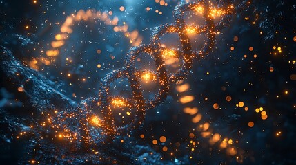 Obraz premium Abstract representation of glowing DNA strands intertwined in a cosmic environment with particles