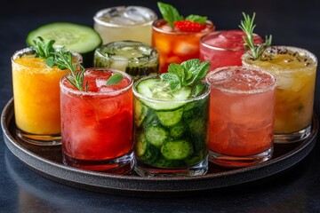 Vibrant cocktail selection with fresh herbs, citrus, and ice, highlighting refreshing summer drinks, mixology trends, and bar culture in an elegant presentation.