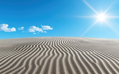 Naklejka premium Sand dune with a ripple pattern, under a hot sun with a horizon, shifting in a summer desert scene