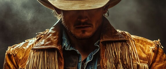 Mysterious cowboy in rustic western attire.
