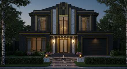Modern House Front View Exterior Design, 3d rendering, simple and luxurious