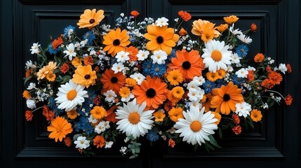 Obraz premium Vibrant Floral Arrangement with Bright Orange and White Flowers on Door