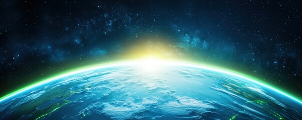Obraz premium A captivating view of Earth from space, showcasing a brilliant sunrise over the horizon, highlighting the planet's vibrant colors and cosmic background.