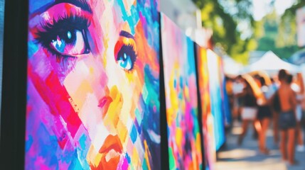 People enjoying a local art festival, admiring vibrant paintings and sculptures displayed outdoors under natural light