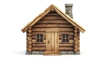 3D Wooden Cabin Front View, Isolated Background. Potential Stock Use