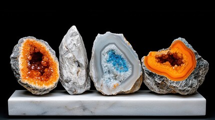 Vibrant Geodes Displaying Unique Mineral Colors and Textures on Stand