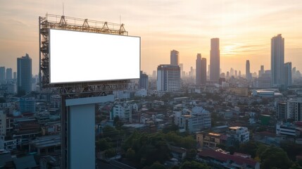 Blank Billboard at Sunset: A large, blank billboard stands tall against the backdrop of a vibrant cityscape at sunset, offering a prime advertising space.
