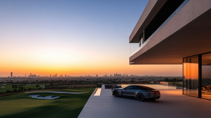 Obraz premium Dubai Luxury Home, Car, Golf Course, Sunset Background