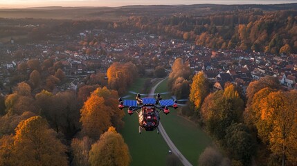 Aerial eVTOL Aircraft Flying Over Suburban Community in Autumn Sunset