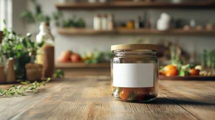 A contemporary glass jar mockup with a blank white label, placed on a rustic wooden table with fresh ingredients in the background.