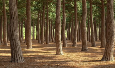 Tall pine forest with sunlight filtering through trees