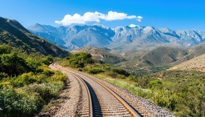 Fototapeta premium Train tracks curving through a sunny valley, with wildflowers and hills, stretching into a summer travel vista