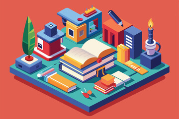 The illustration showcases various tools for writing poetry, including books, a pen, and decorative items on a desk, Poetry Customizable Isometric Illustration