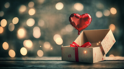 Romantic Open Gift Box with Heart-Shaped Balloon Surprise
