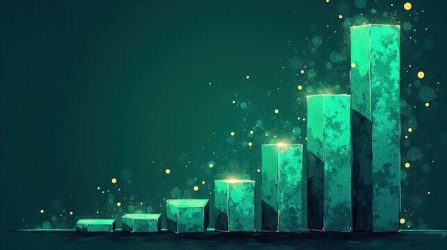 A stock illustration that represents the concept of Economic growth in Teal and dark green colors, incorporating Rough textures and metaphors of TV screens and fact-check icons for a dy