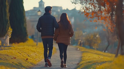 Couple Walking Hand In Hand Through Autumn Park