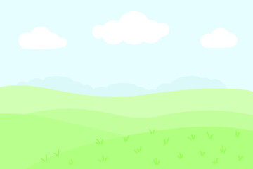 Obraz premium Landscape with green field and grass, blue sky, white clouds.