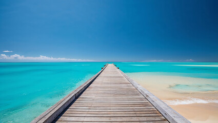 Naklejka premium Idyllic jetty stretching into endless vibrant turquoise waterscape.