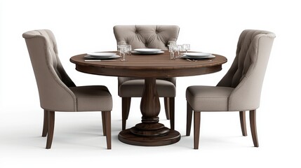 Fototapeta premium A welcoming dining table surrounded by chairs ready for a family meal isolated on a bright white background