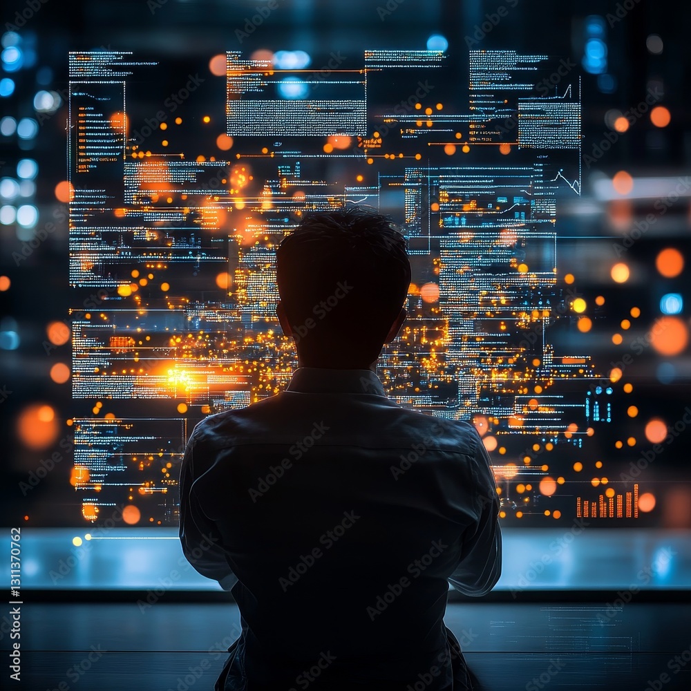 Poster a man is sitting in front of a computer screen with a lot of code on it