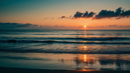 Fototapeta premium The ocean is calm and the sun is setting, creating a beautiful