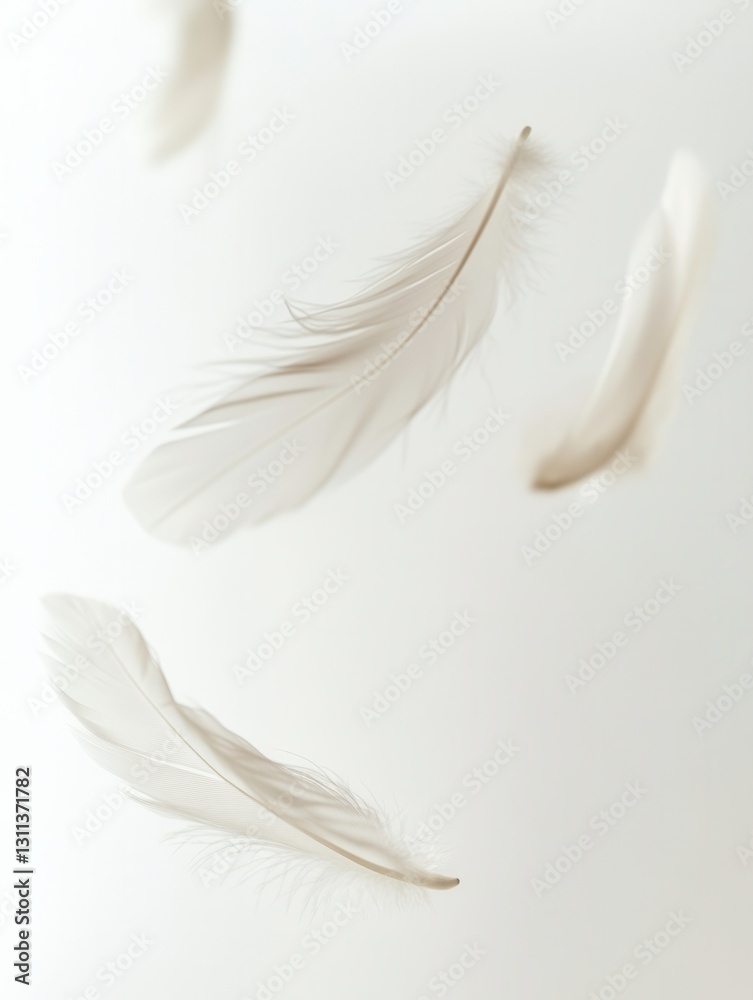 Poster Soft floating feathers create a dreamy atmosphere on a serene white background in high key composition