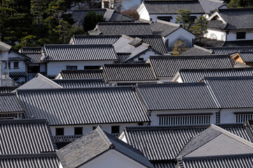 View over the tiled rooftops in Kurashiki, Japan