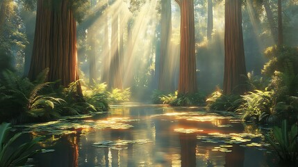 Naklejka premium A peaceful forest scene with a reflective pond and tall trees