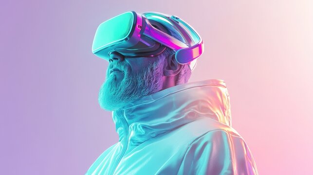 A futuristic Arab senior with a well-groomed beard, a sleek VR headset in mint green, and a pastel cyber jacket, set against a glowing gradient.