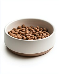 Obraz premium Bowl of pet food filled with small kibble pieces on a white background