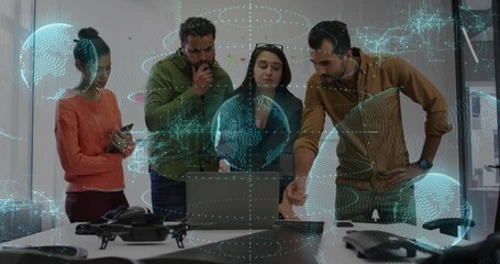 Diverse team collaborating over digital globe and data network animation in office - Powered by Adobe