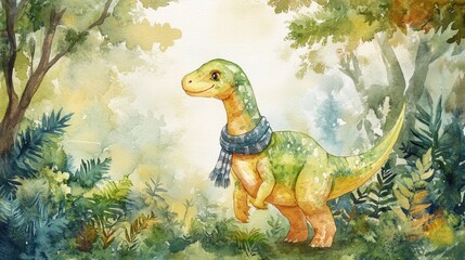 A cheerful watercolor of a friendly dinosaur wearing a scarf, walking through a lush prehistoric jungle, vibrant and fun 