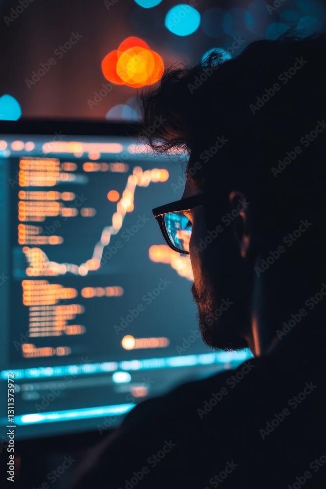 Poster a man is sitting in front of a computer screen with a lot of code on it