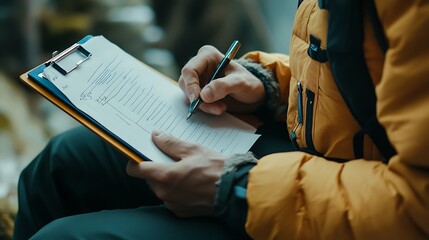 Fototapeta premium Close Up Professional Male Doctor Wearing Uniform Taking Notes in Journal Medical Documents