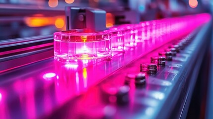 Automated production line with transparent containers illuminated by red light