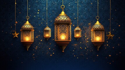 Ornate gold lanterns illuminate a dark blue, patterned background. Perfect for Ramadan, Eid, or Islamic celebrations.