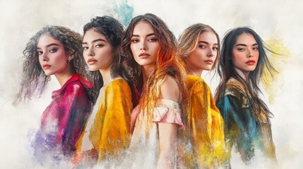 Five women, each with distinct styles and expressions