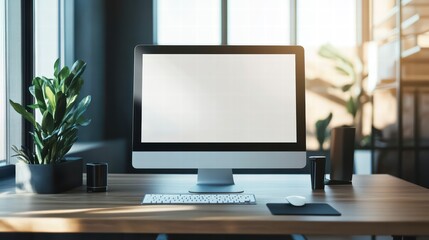 Fototapeta premium Modern workspace in Sunlight: A sleek and modern computer setup graces a sun-drenched desk. The minimalist design exudes sophistication and productivity.