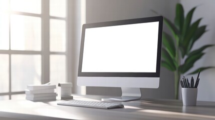 Fototapeta premium Workspace with Monitor: A minimalist workspace featuring a sleek monitor with a bright, blank screen, hinting at the possibilities of productivity, framed by natural light.