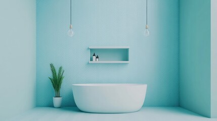 Fototapeta premium Minimalist light blue bathroom with freestanding tub, shelf, and plant.