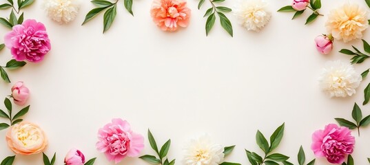 Frame of Beautiful Pink, White, and Orange Peony Flowers and Green Leaves on White Background,