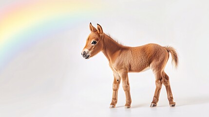 Minimalist baby foal standing under a rainbow, white background