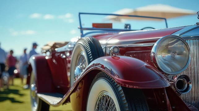 a pristine vintage car with a glossy finish displayed at an outdoor classic car show, surrounded by admirers and a sunny blue sky. 
