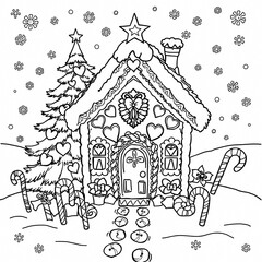 Fototapeta premium Gingerbread House Christmas Tree Candy Canes Snowflakes Winter Scene Detailed Coloring Page Holiday Decorations
